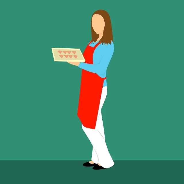 a woman in an apron holding a tray of food, an illustration of, pixabay contest winner, full body profile pose, pizza box, restaurant menu photo, worksafe. illustration