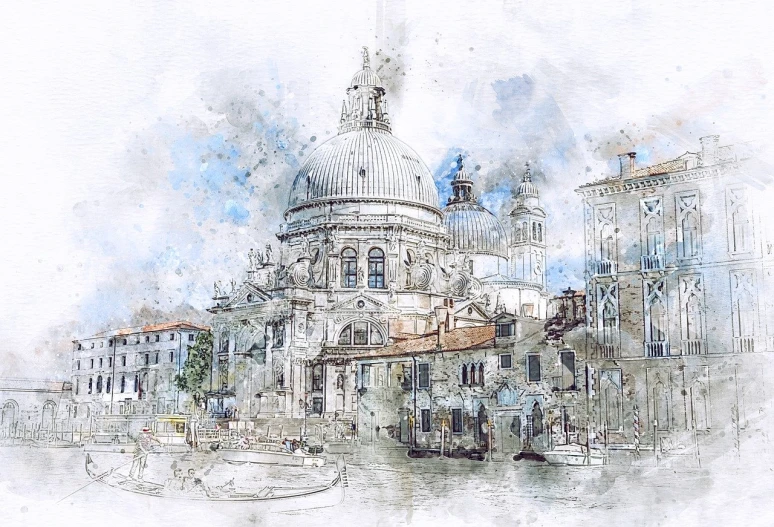 a watercolor painting of a building with a clock tower, a watercolor painting, inspired by Canaletto, shutterstock, with great domes and arches, sketch illustration, venice, expansive detailed layered city