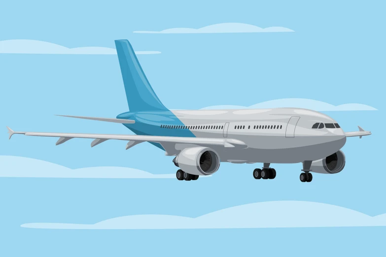 a large jetliner flying through a blue sky, an illustration of, shutterstock, airplane hanger background, cartoonish vector style, landing gear, 2 d animation