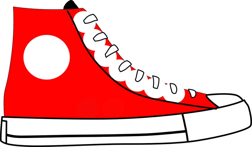 a pair of red sneakers with white laces, a cartoon, inspired by Mario Comensoli, pixabay, pop art, hoog detail, nighttime!!, red dot, left profile