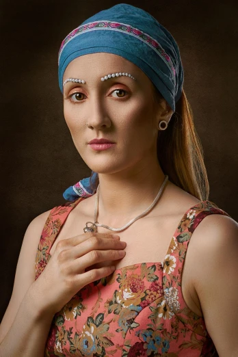 a woman wearing a blue turban and a necklace, inspired by Vermeer, zbrush central contest winner, hyperrealism, professional model photography, portrait of mulan, ukrainian girl, hands retouched