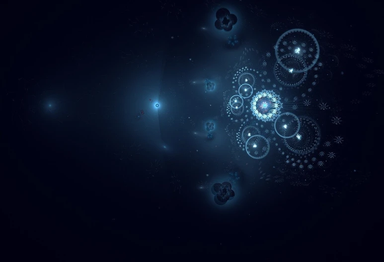 a bunch of blue gears on a black background, digital art, by Aleksander Gierymski, deviantart, sparse floating particles, glowing delicate flower, background image, floating spheres and shapes
