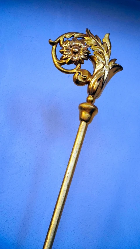 a close up of a metal object on a blue surface, by Georg Arnold-Graboné, rococo, holding a gold! cane!, metal key for the doors, biedermeier, very very very highly detailed