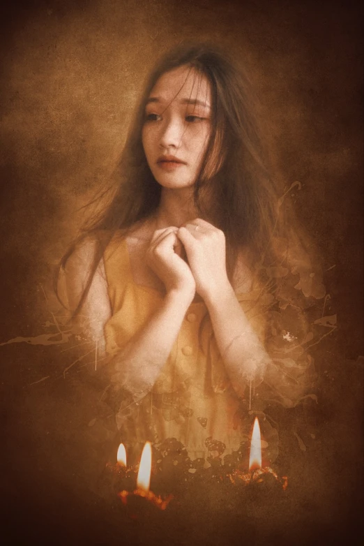 a woman holding two candles in front of her face, a digital painting, inspired by Tang Yifen, art photography, old sepia photography, artwork in the style of guweiz, warm spring, 1 6 years old