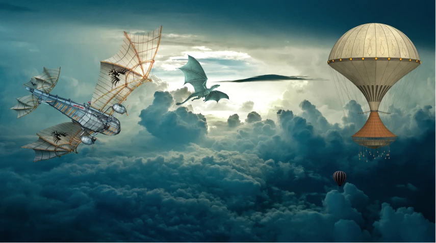 a group of hot air balloons flying through a cloudy sky, inspired by Rodney Matthews, pixabay contest winner, surrealism, cloud in the shape of a dragon, photoshop collage, fantasy art behance, pterodactyl