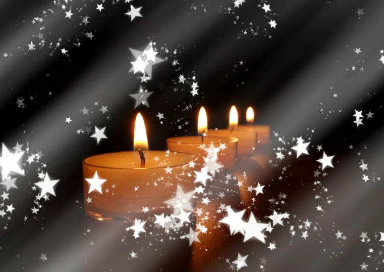 a group of three candles sitting next to each other, by Marie Bashkirtseff, trending on pixabay, digital art, white stars in the background, distant photo, glass - reflecting - stars, avatar image