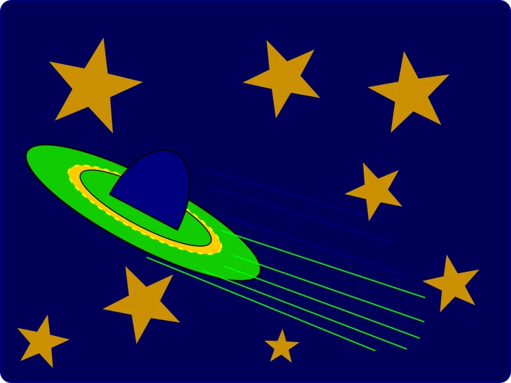 an image of a space shuttle with stars in the background, an illustration of, eu flag, alien planet in the sky faraway, some yellow green and blue, planet saturn