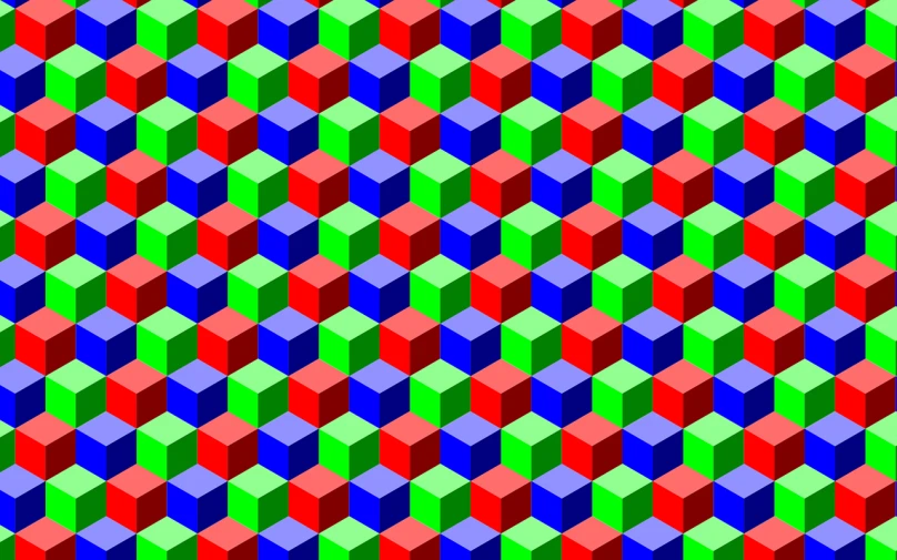 an image of a colorful cube pattern, op art, blue and green and red tones, !!! very coherent!!! vector art, seamless, incredible isometric screenshot