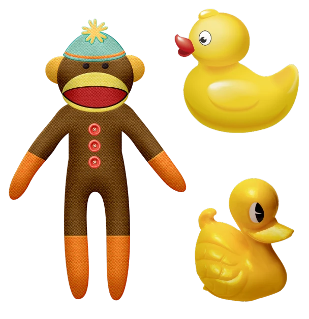 a sock monkey, a rubber duck, and a rubber duck, concept art, inspired by Jeff Koons, flickr, toyism, photoshop, brown, toy commercial photo, plushie