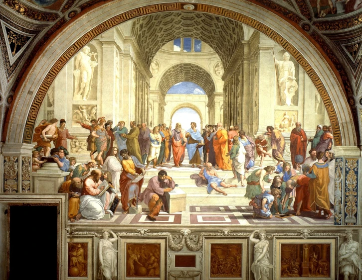 a painting of a group of people in a building, by Raphael, shutterstock, scientific depiction, spring, academic art insanely quality, greek style