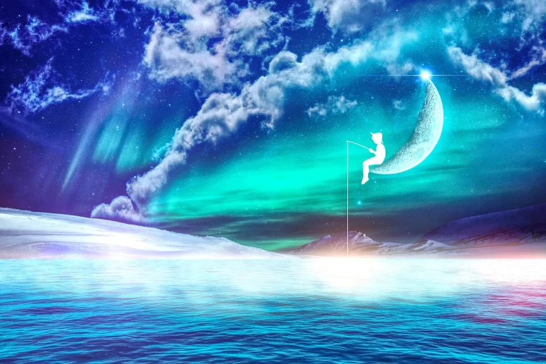 a man standing on a pole in the middle of a body of water, digital art, inspired by Cyril Rolando, magical realism, northern lights background, sitting on a moon, high quality fantasy stock photo, a mermaid in the sea