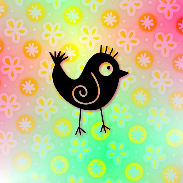 a black bird sitting on top of a colorful background, a pastel, inspired by Laurel Burch, pixabay contest winner, naive art, !!! very coherent!!! vector art, cute photo, flower power, chicken