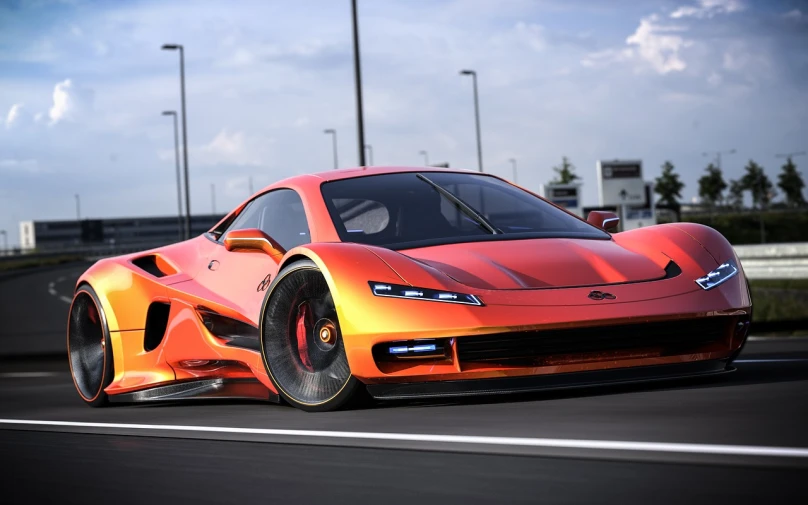 an orange sports car driving on a highway, a 3D render, zbrush central contest winner, orange halo, 4 k unreal engine renders, mclaren f1, futuristic suzuki