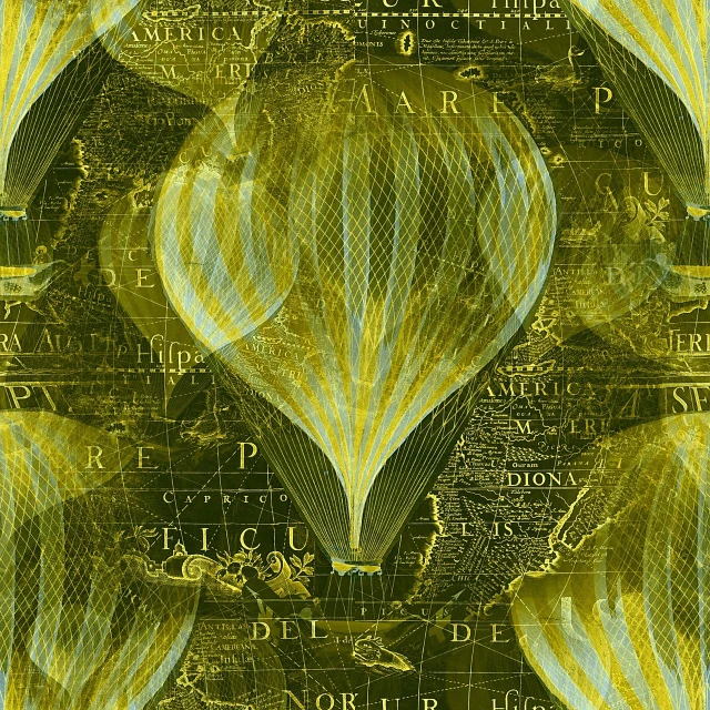 a close up of a hot air balloon on a map, digital art, art nouveau, moire, repeating, yellow lanterns, anna nikonova