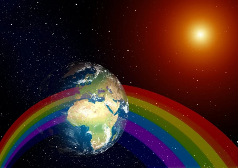 a picture of the earth with a rainbow in the background, an illustration of, by Jon Coffelt, shutterstock, rayonism, warm space, very accurate photo, full figured mother earth, colorful redshift render