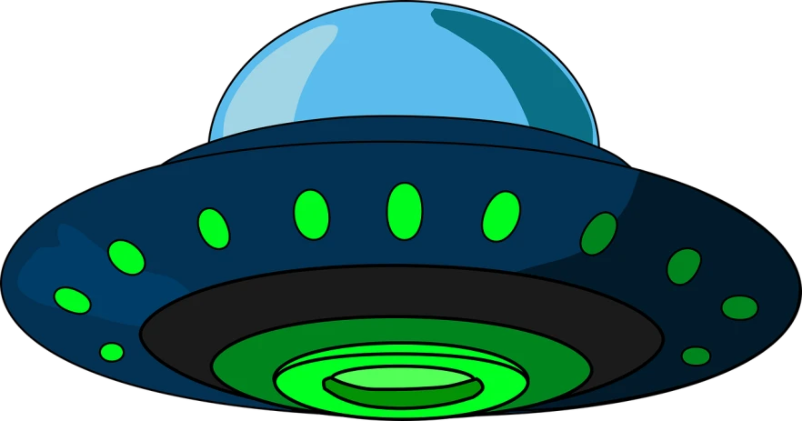 a cartoon flying saucer with green lights, concept art, pixabay, conceptual art, alien invasion. 2 4 mm, futurama, black light, of alien artifacts