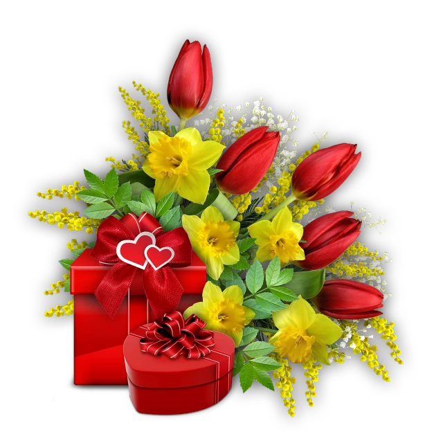 a bouquet of red tulips and yellow daffodils in a red gift box, a digital rendering, beautiful flower, on black background, heart made of flowers, tropic plants and flowers