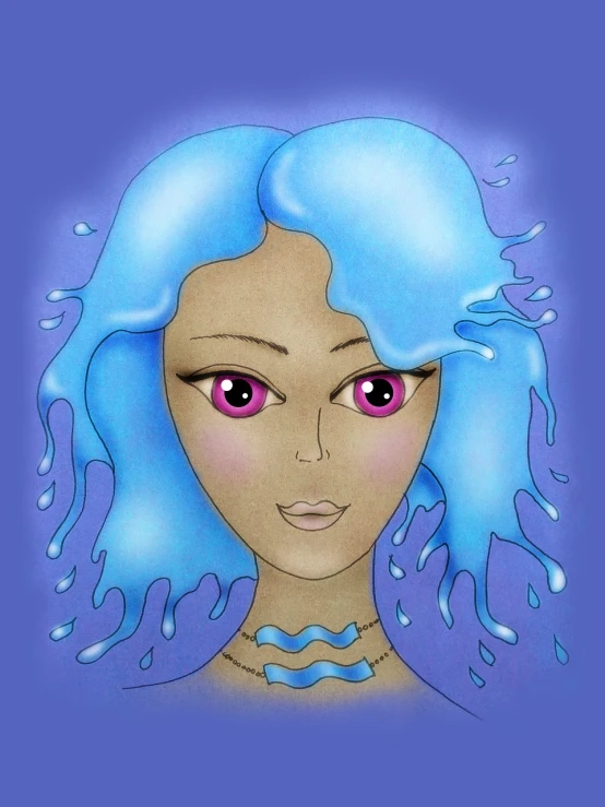 a drawing of a woman with blue hair, deviantart contest winner, pop surrealism, azure waves of water, in style of lisa frank, brown watery eyes, cartoon style illustration