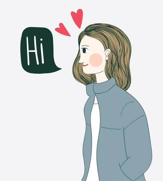 a woman with a speech bubble above her head, a picture, tumblr, romanticism, side portrait of cute girl, welcoming, hi, wearing a turtleneck and jacket