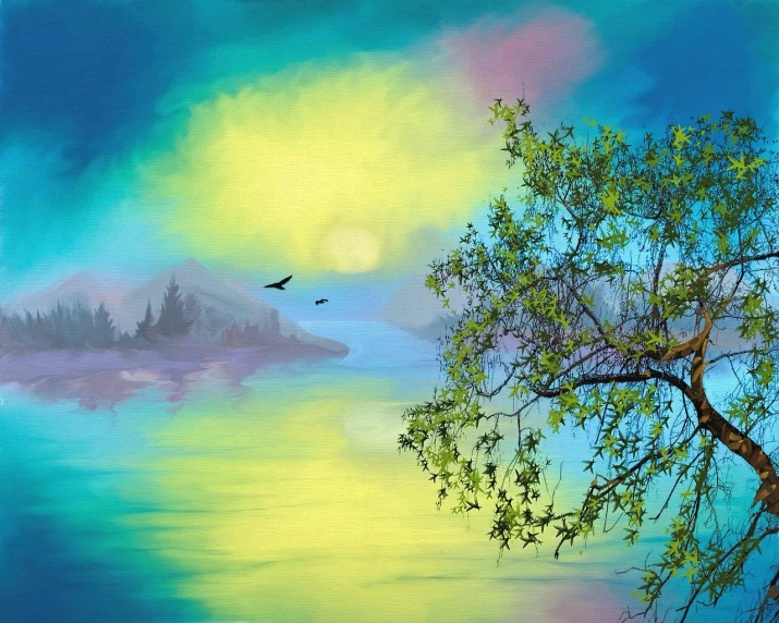 a painting of a bird flying over a lake, inspired by Igor Zenin, metaphysical painting, yellow and blue and cyan, serene illustration, bob ross style, spring evening