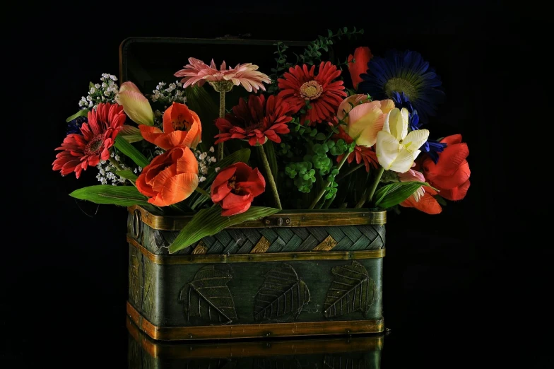 a vase filled with colorful flowers sitting on top of a table, inspired by François Boquet, flickr contest winner, romanticism, casket, beautiful composition 3 - d 4 k, back - lit, 1683
