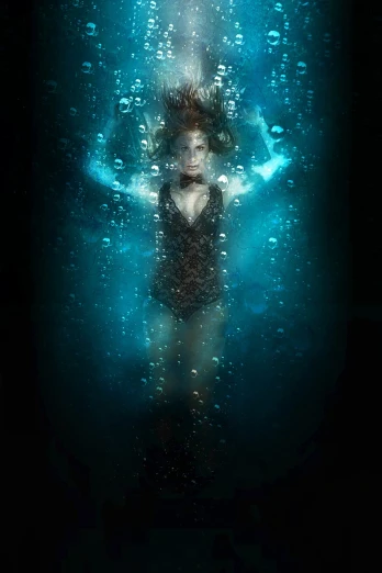 a woman floating in a body of water, a portrait, by Aleksander Gierymski, conceptual art, emma watson as black canary, volumetric underwater lighting, carice van houten, vertical portrait