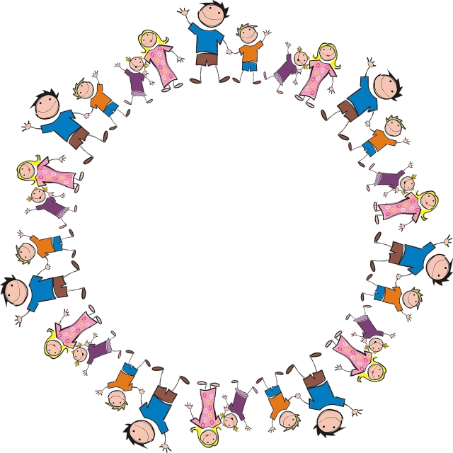 a group of children holding hands in a circle, a cartoon, conceptual art, the background is black, funny illustration, frame around pciture, round elements