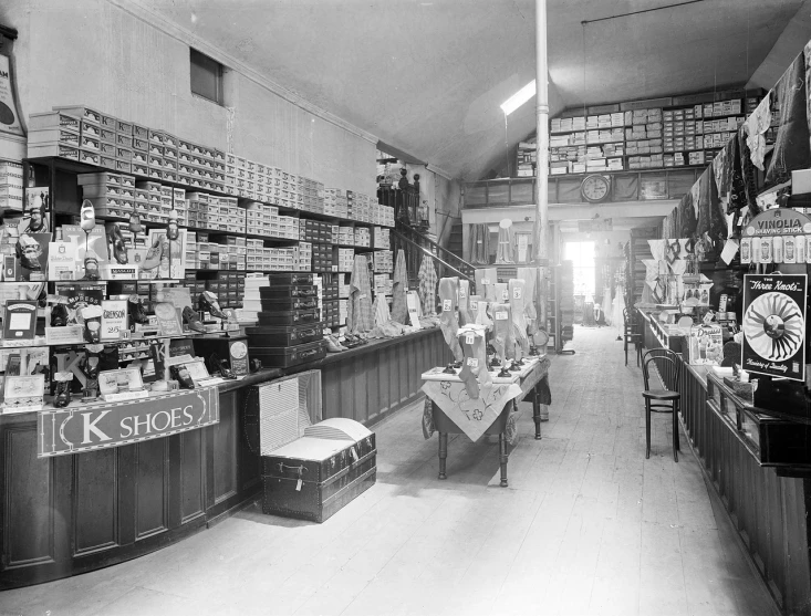 a black and white photo of a store, interior view, marsden, i_5589.jpeg, high detailed store