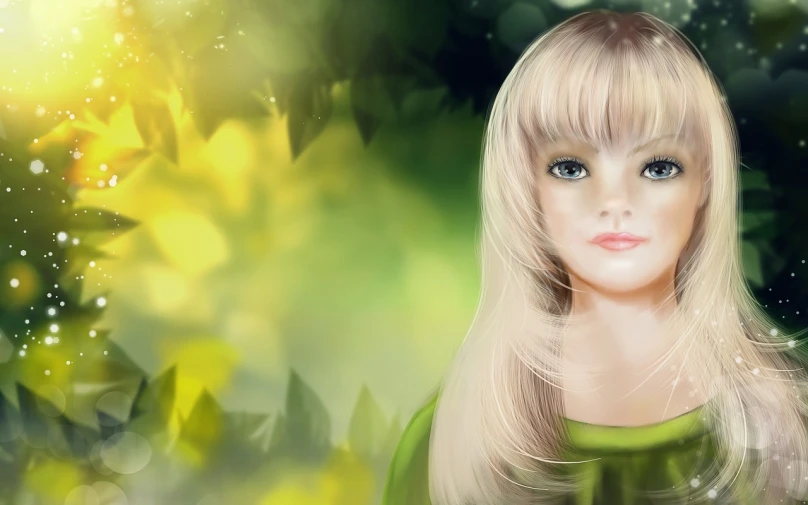 a close up of a doll wearing a green dress, a digital painting, inspired by Nene Thomas, deviantart contest winner, fantasy art, beautiful blonde girl, beautiful yellow woman, portrait of magical young girl, realistic background