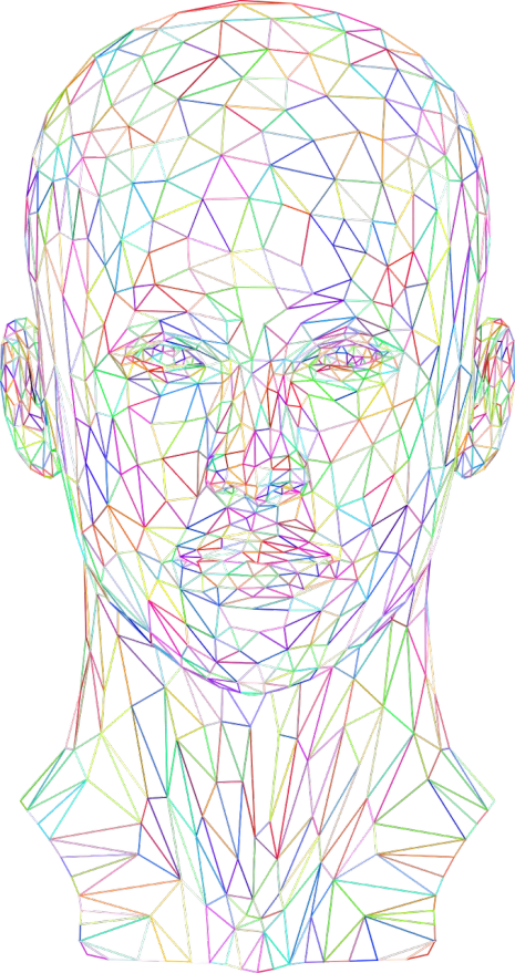 a multicolored drawing of a man's face, a digital rendering, generative art, made of paperclips, full body close-up shot, polygon art, low res