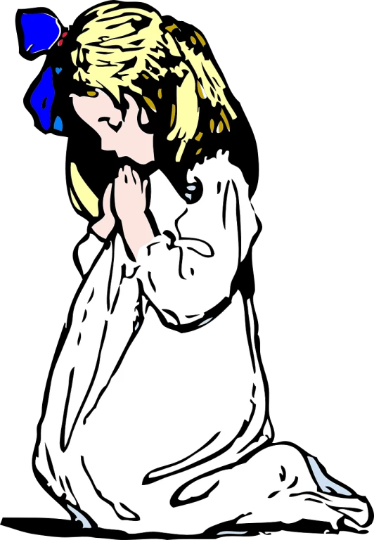 a drawing of a little girl holding a banana, inspired by Andrew Boog Faithfull, pixiv, pop art, kneeling in prayer, white + blue + gold + black, wearing a nightgown, rotoscoped