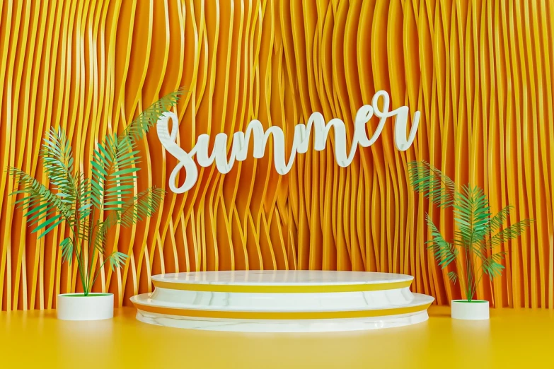 a white plate sitting on top of a yellow table, a 3D render, by Whitney Sherman, trending on behance, graffiti, summer season, flowing lettering, in front of a carved screen, summer color pattern