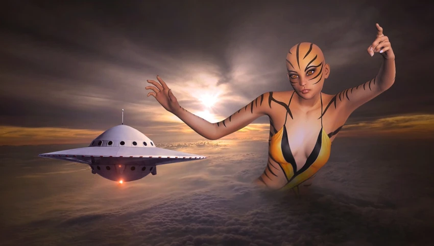 a person in a body painted like a tiger with a spaceship in the background, an airbrush painting, cgsociety contest winner, flying saucer in the sky, giantess shot, photorender, style of jim burns