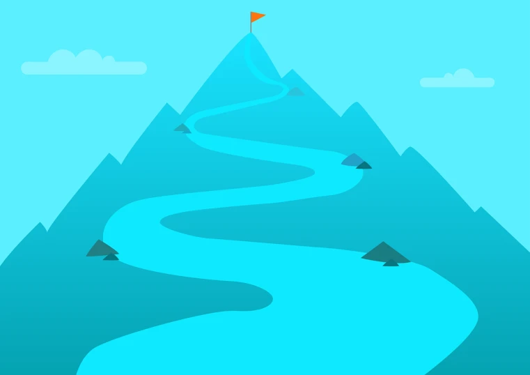 a man flying a kite on top of a mountain, concept art, conceptual art, simple 2d flat design, blue river in the middle, long winding stairs going down, cone