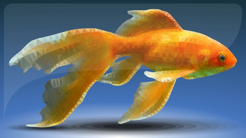 a digital painting of a goldfish on a blue background, a low poly render, inspired by Umberto Boccioni, complete detailed body, long flowing fins, orange fluffy belly, tesselation