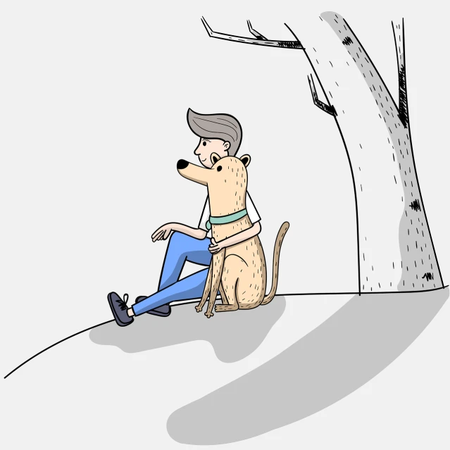 a man sitting next to a dog next to a tree, a cartoon, conceptual art, transparent background, on grey background, looks sad and solemn, wikihow illustration