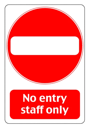 a red and white sign that says no entry staff only, by William Jennys, logo without text, 2 colour print, tall entry, high end