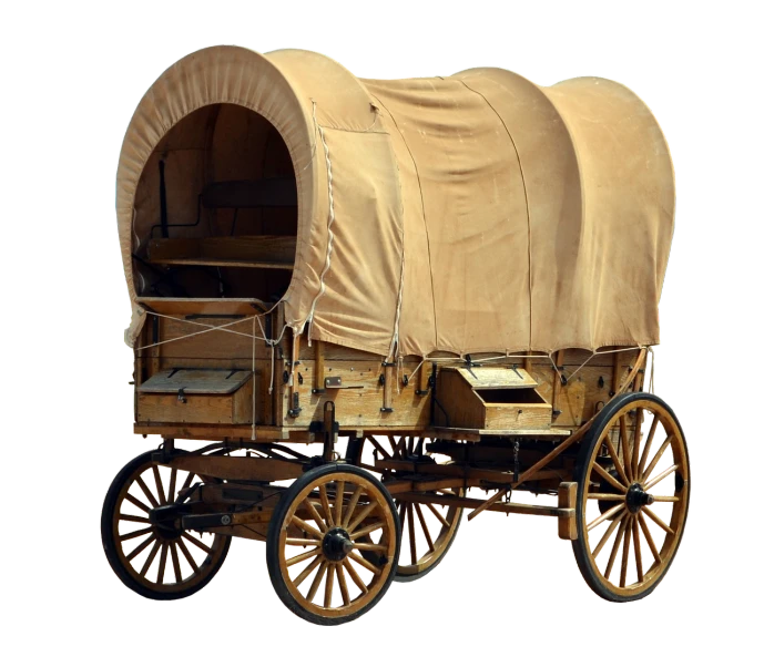 a covered wagon is shown on a white background, shutterstock, photo in color, ground view shot, speakers, stock photo