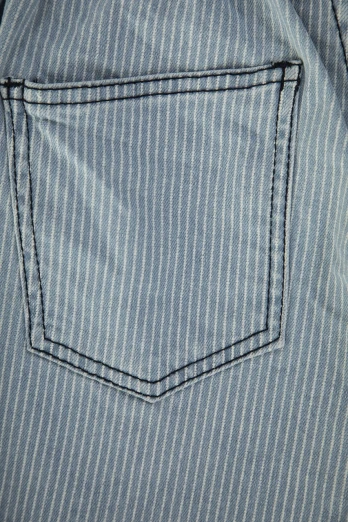 a blue and white striped shirt with a pocket, by Richard Carline, renaissance, bottom - view, texture detail, jean pants, '0 0 s nostalgia