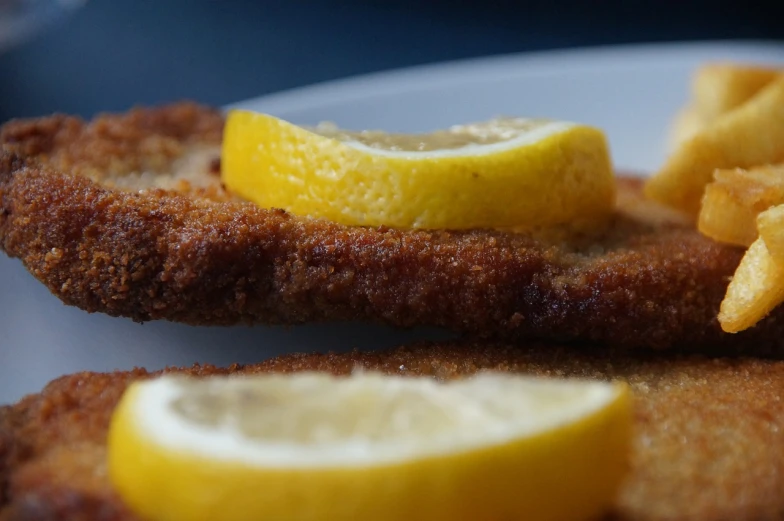 a white plate topped with fried fish and french fries, a photo, by Emanuel Büchel, pexels, renaissance, with lemon skin texture, profile close-up view, square, brown bread with sliced salo