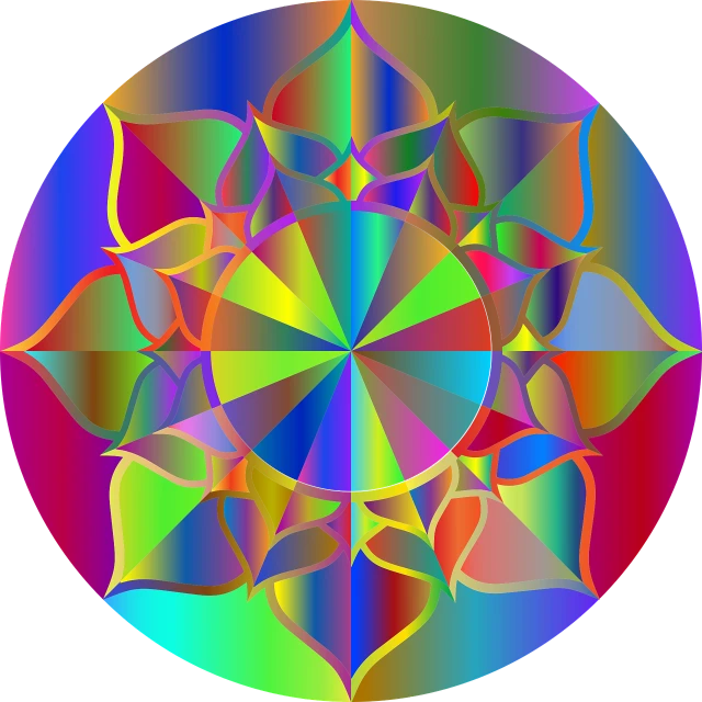a circle filled with lots of different colored shapes, a raytraced image, inspired by Alex Grey, !!! very coherent!!! vector art, refractive crystal, depicting a flower, iridiscent gradient