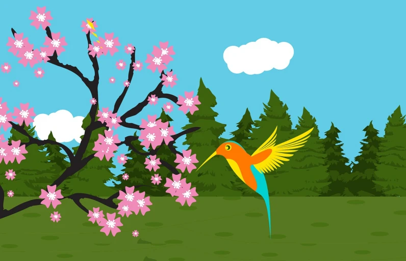 a colorful bird flying over a lush green field, an illustration of, cherry blossom forest, flat vector art, wikihow illustration, cartoon style illustration
