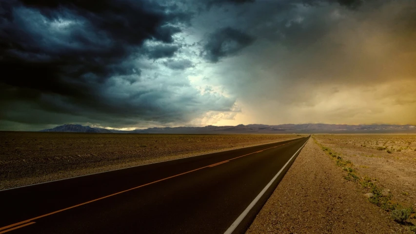 a road in the middle of a desert under a cloudy sky, a picture, shutterstock, minimalism, dark storm clouds, mobile wallpaper, highway to hell