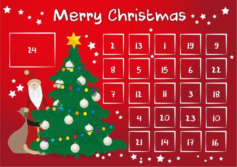 a calendar with a santa clause next to a christmas tree, inspired by Ernest William Christmas, in red background, card template, cg, game