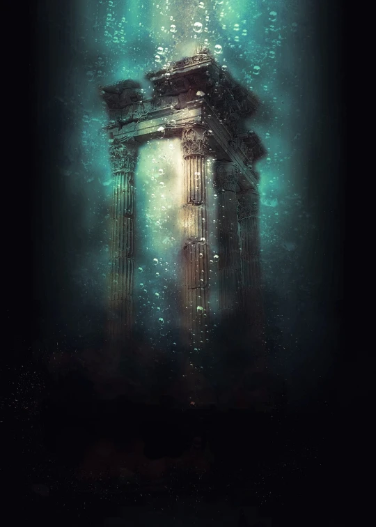 a clock tower in the middle of a body of water, by Alexander Bogen, deviantart contest winner, digital art, pillars of creation, greek temple, vertical portrait, a dark underwater scene