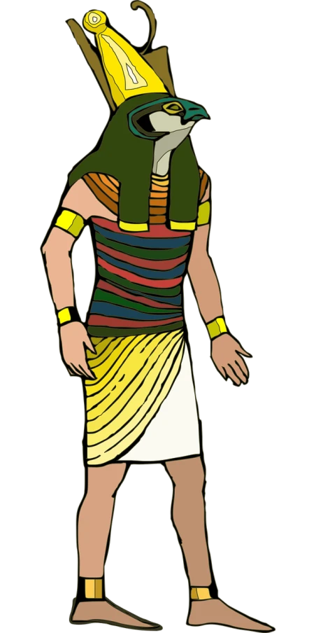 an egyptian man with a bird on his head, inspired by Nicomachus of Thebes, sots art, full body illustration, fully colored, he has an elongated head shape, with shoulder pads