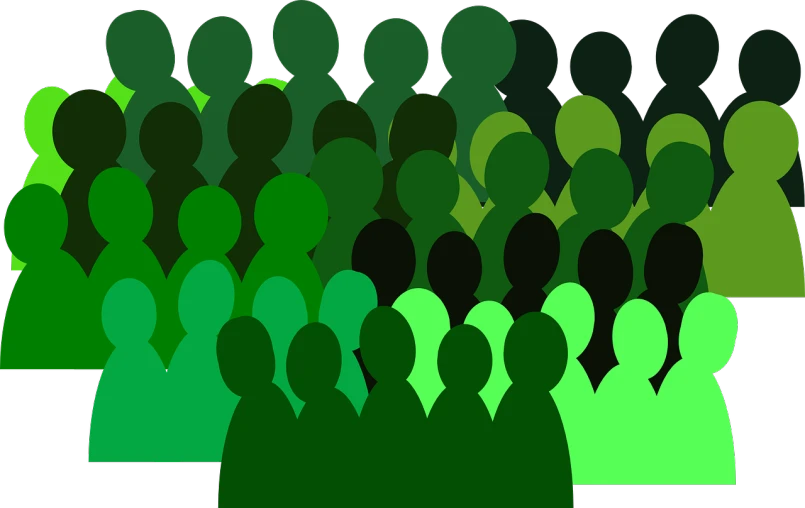 a group of people standing next to each other, by Winona Nelson, trending on pixabay, digital art, green and black color scheme, audience, colored accurately, in rows