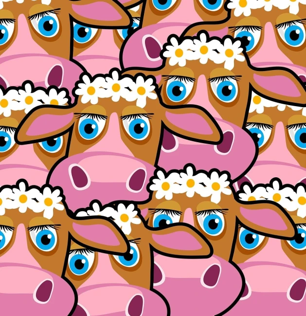 a herd of cows with blue eyes and daisies, inspired by Peter Alexander Hay, shutterstock, cartoon style illustration, hyper detail illustration, repeating, big pink eyes