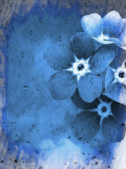a close up of a flower on a wet surface, a digital painting, by Cindy Wright, trending on pixabay, blue flowers, background image, it is raining outside the window, in style of digital illustration