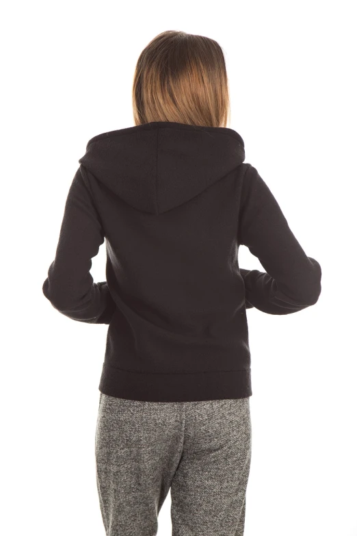 a woman standing with her back to the camera, inspired by Adrienn Henczné Deák, in a black hoodie, high detail product photo, young female, highly detailed product photo